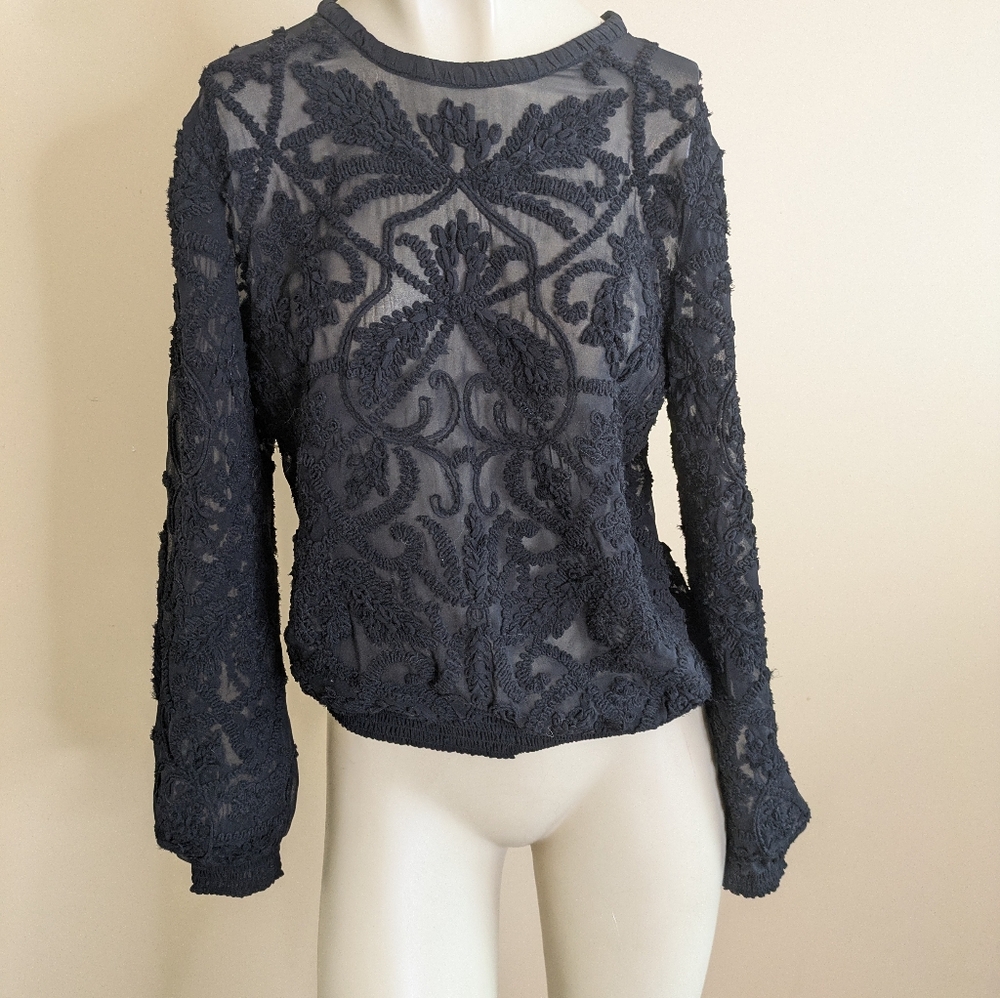 Intermix Black Lace And Silk Long Sleeve Shirt Women's Xs